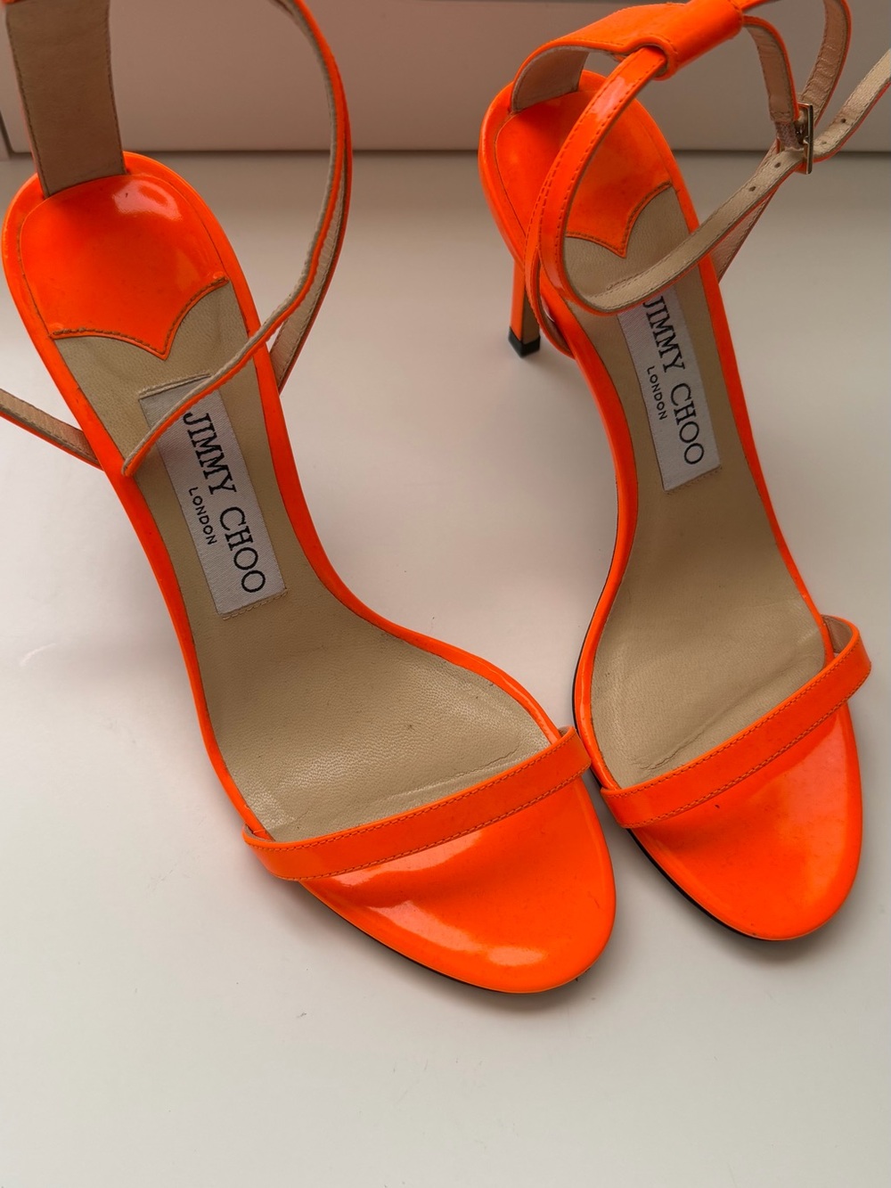 Jimmy Choo Bright Orange Patent Leather Strappy Heels